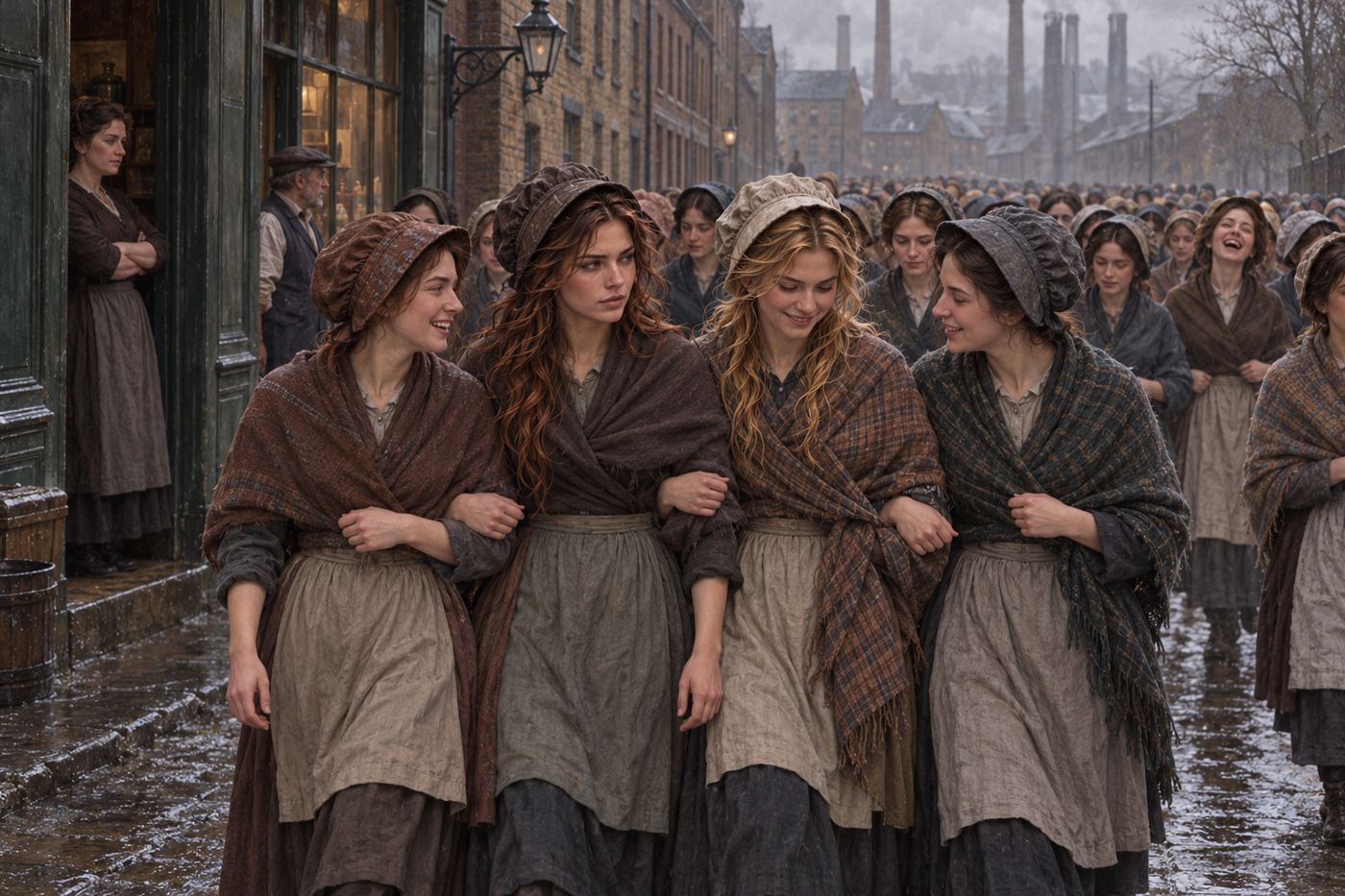 Four Abreast with Their Bonnets on